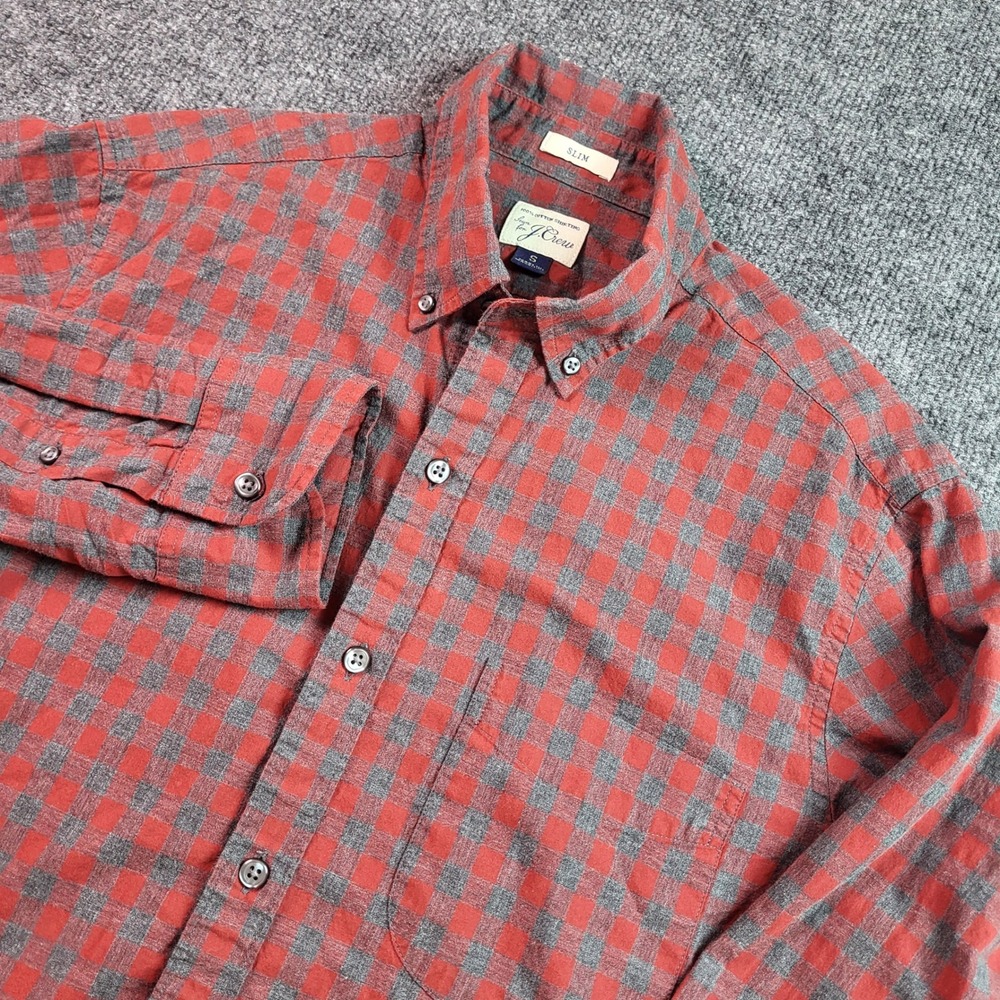 J.Crew Slim Fit Button Down‎ Shirt Mens Small Red Grey Gingham Plaid Cotton